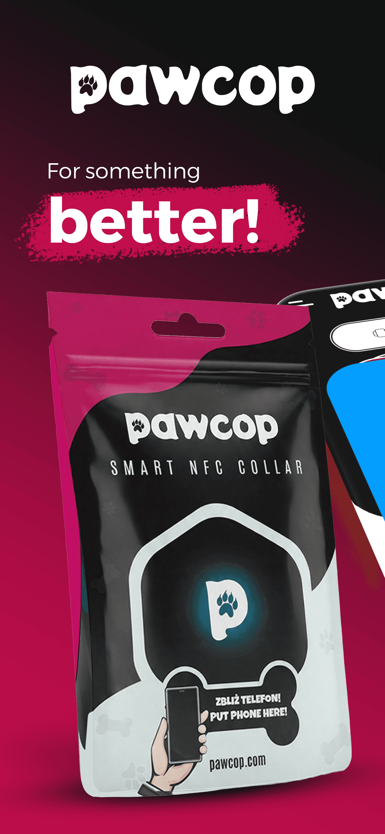 Pawcop akıllı NFC tasma ürün ambalajı ve mobil uygulama tanıtımı