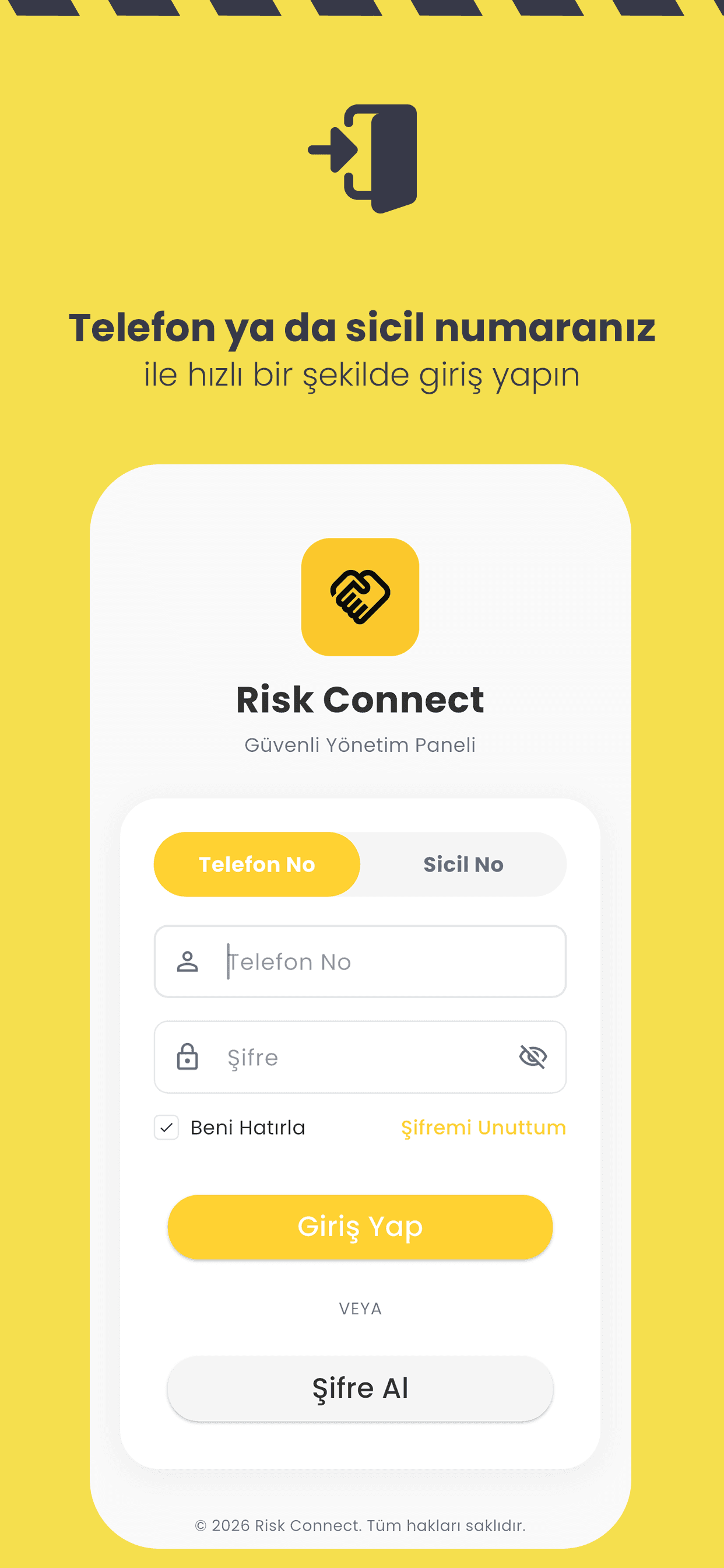 RiskConnect: telefon numarası veya sicil numarasıyla giriş ekranı
