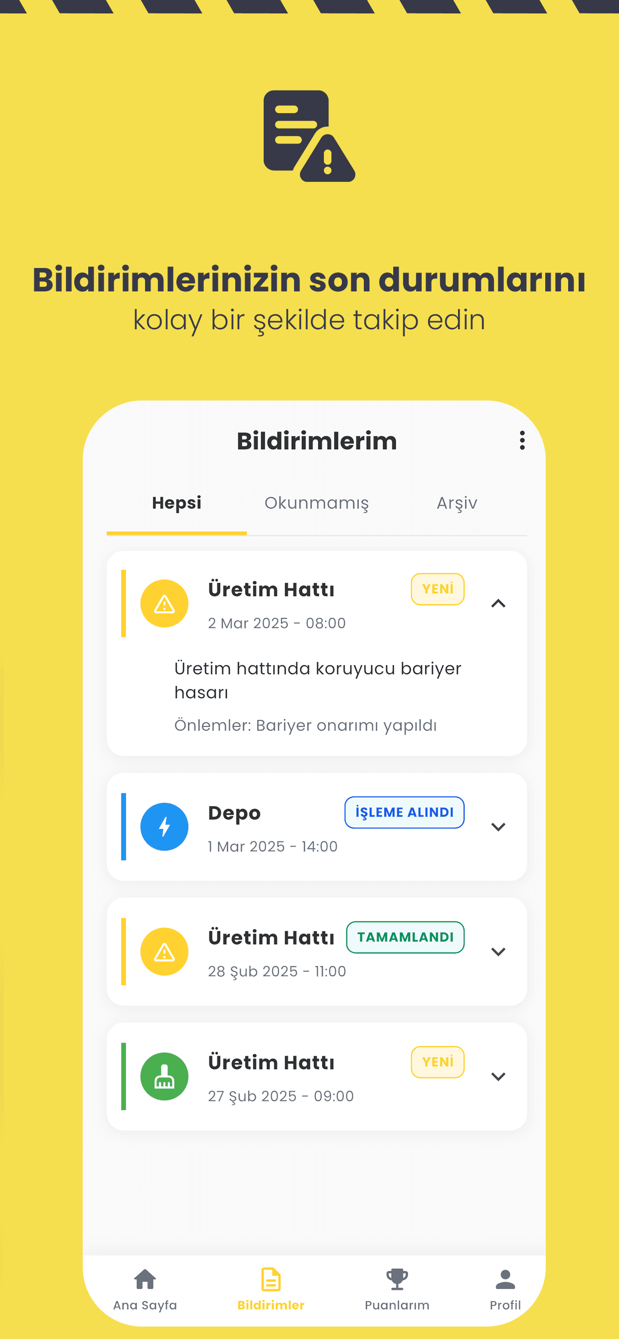 RiskConnect: bildirimlerin yeni, işleme alındı ve tamamlandı durumlarıyla takip ekranı