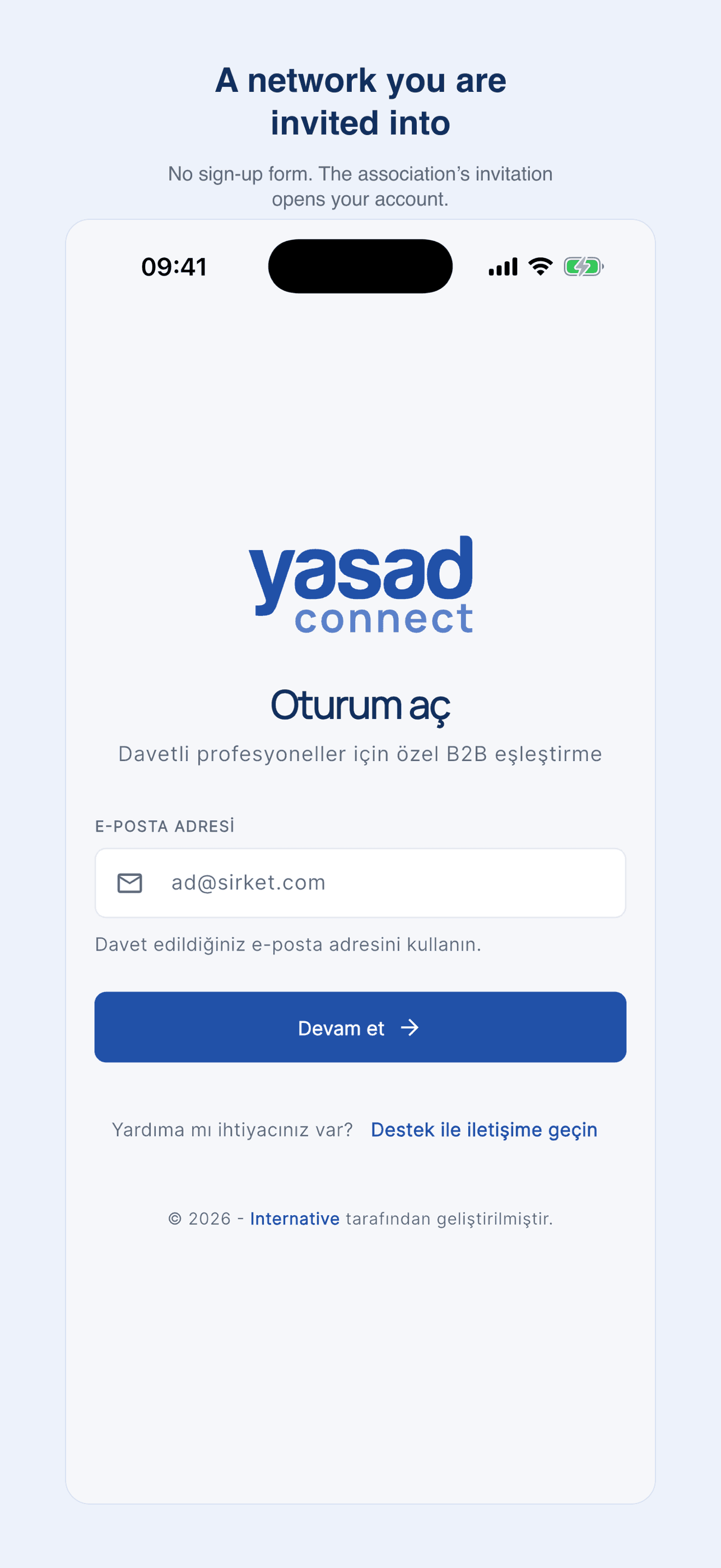 YASAD Connect: şifresiz giriş ekranı, davetli e-posta adresiyle oturum açma