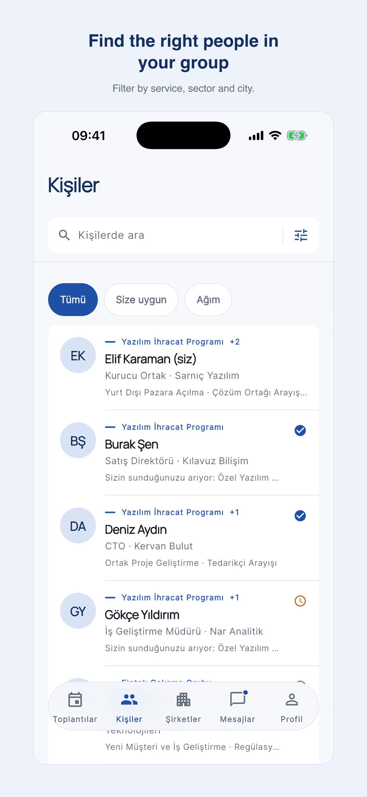 YASAD Connect: eşleştirme grubundaki kişileri hizmete, sektöre ve şehre göre süzme ekranı