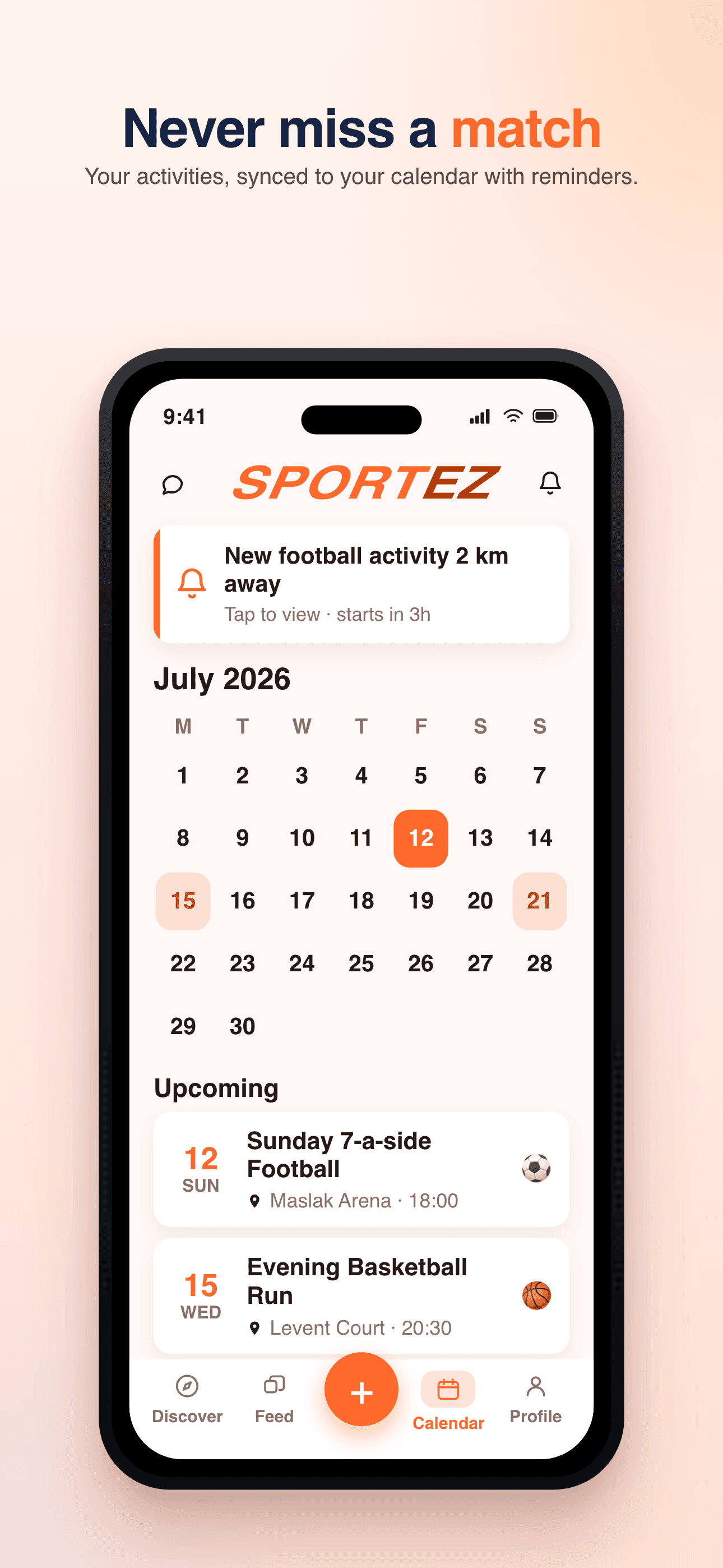 Sportez: takvim görünümü, yaklaşan etkinlikler ve bildirim ekranı