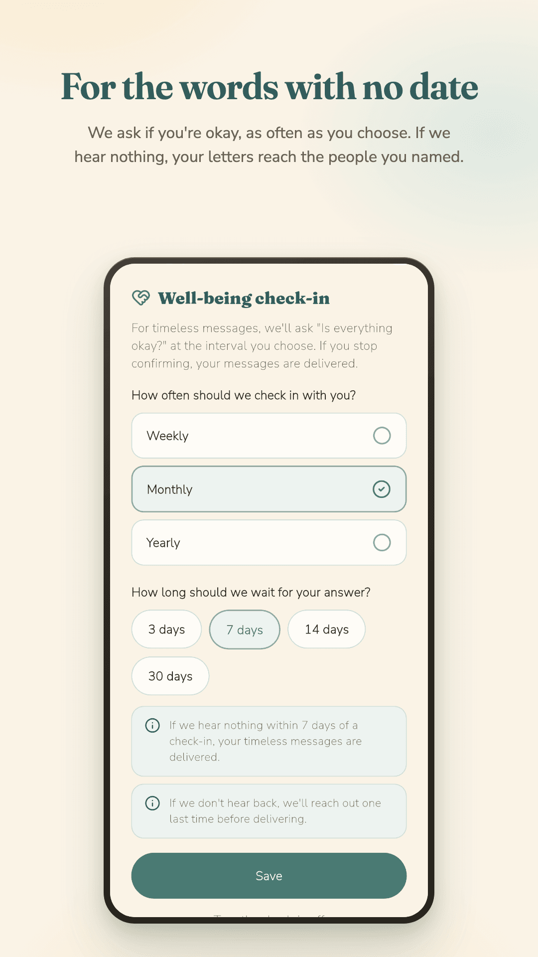 Things to Say: well-being check-in settings for timeless letters