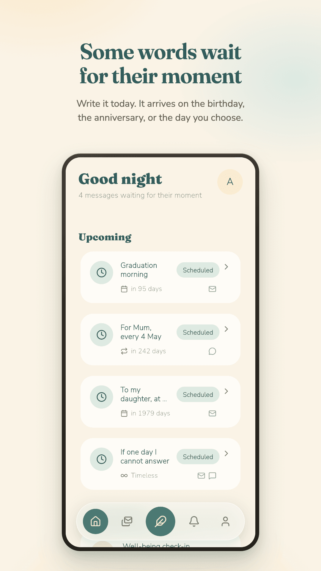 Things to Say home screen listing upcoming scheduled letters